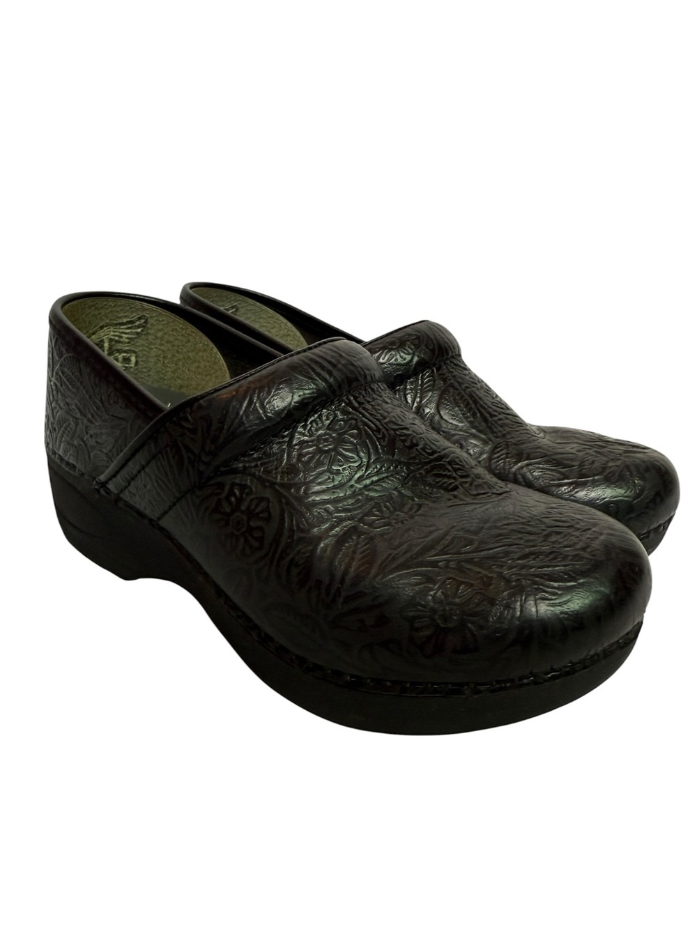 Dansko XP 2.0 Black Floral Tooled Leather Clogs EU 36 US 5.5-6